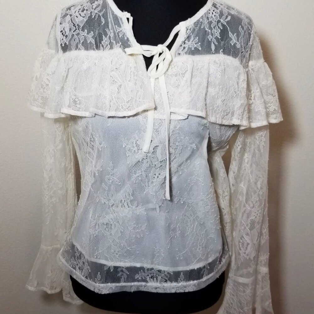 Nine Philosophy Womens Lace Ivory Blouse Long Flare Sleeve Medium Cottage‎ NWT